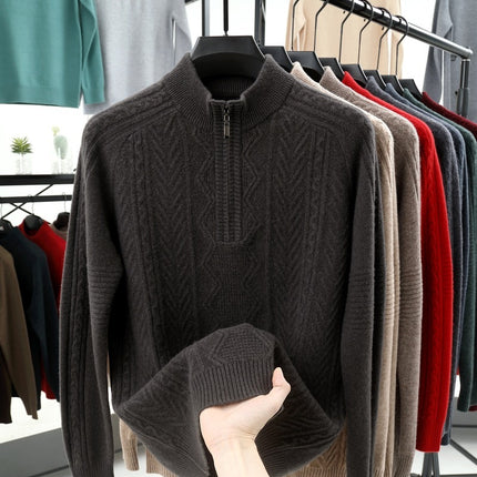 All Wool Men's Half Zipper Sweater Dark Brown