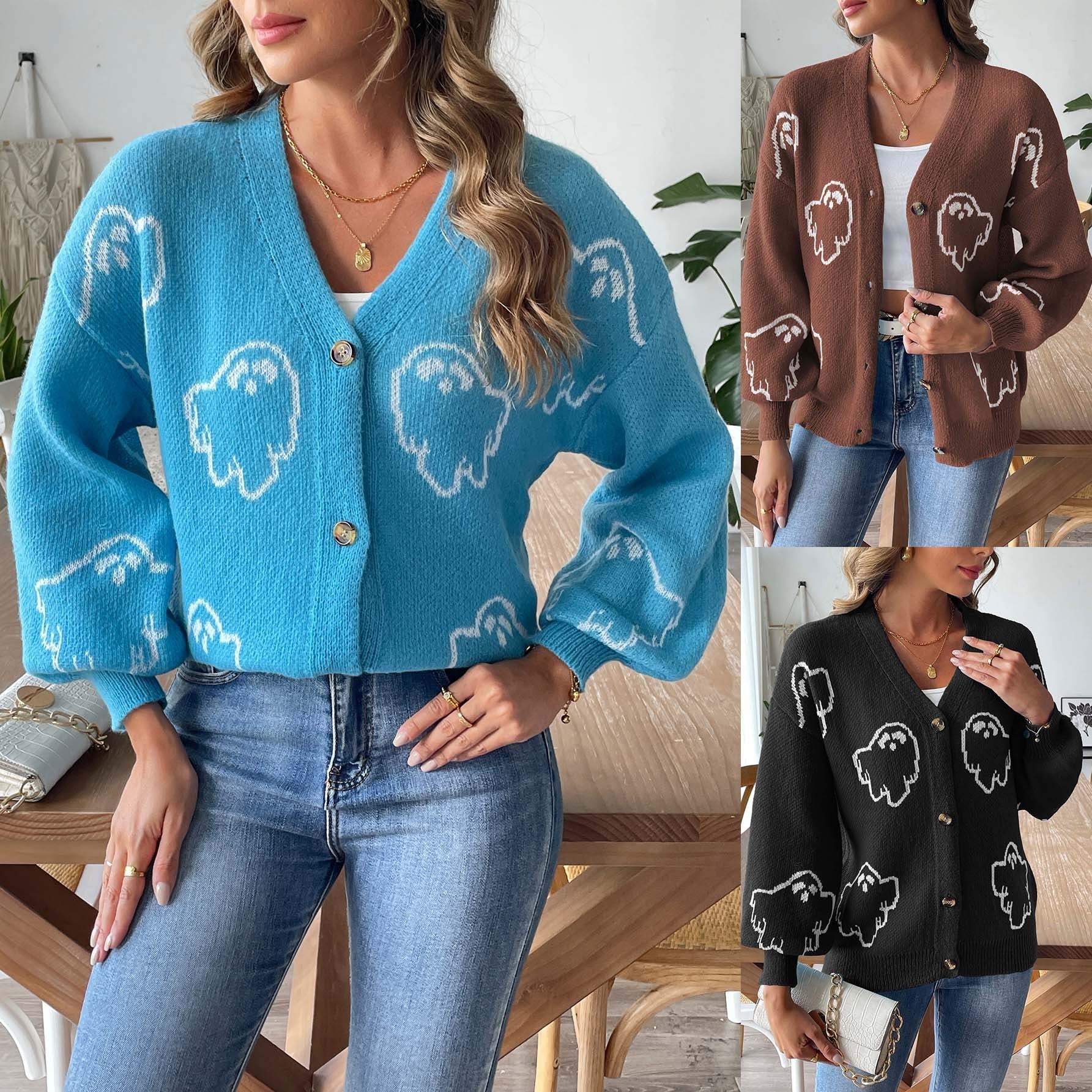 Halloween Loose Casual Button Sweater