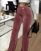 Velvet Striped Casual Women's Pants Rose Red