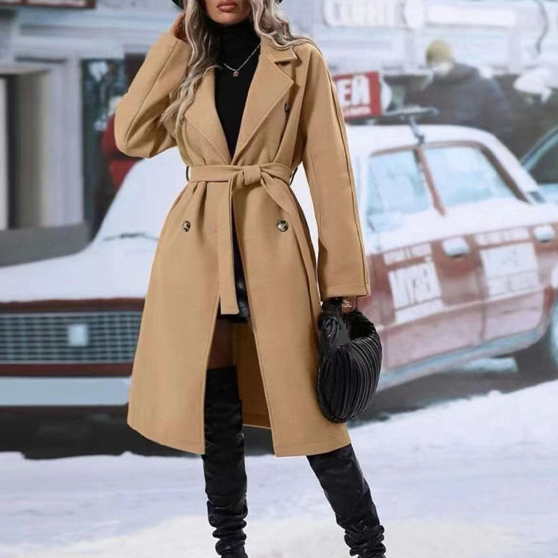 Women’s Double-breasted Trench Coat With Belt Winter Khaki H