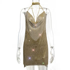 Backless Metal Sequins Brace Halter Dress Gold AB