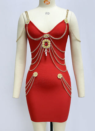 SS Gold Chain Dress Red