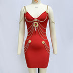 Women's Gold Chain Bandage One-piece Dress Red