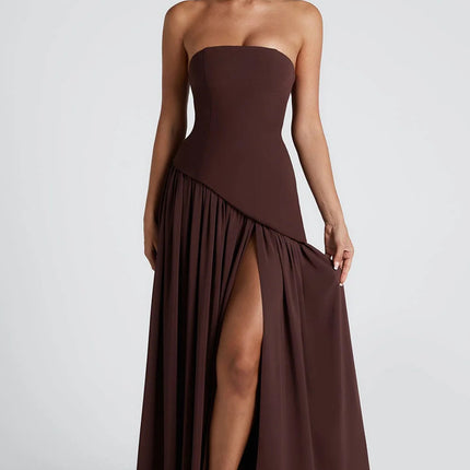 Sexy Backless Tube Top Split Dress Dark Brown