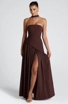 Sexy Backless Tube Top Split Dress Dark Brown