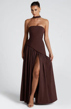 Sexy Backless Tube Top Split Dress Dark Brown