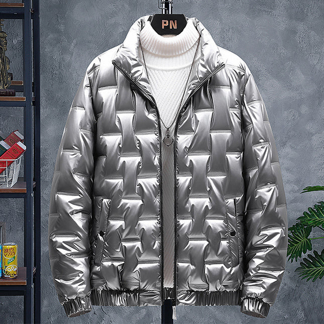 Men's Glossy Stand-up Collar Casual Jacket Silver