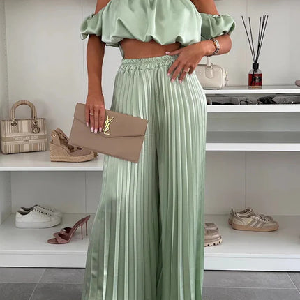 Women's Satin Tube Top Wide Leg Pants Suit Light green