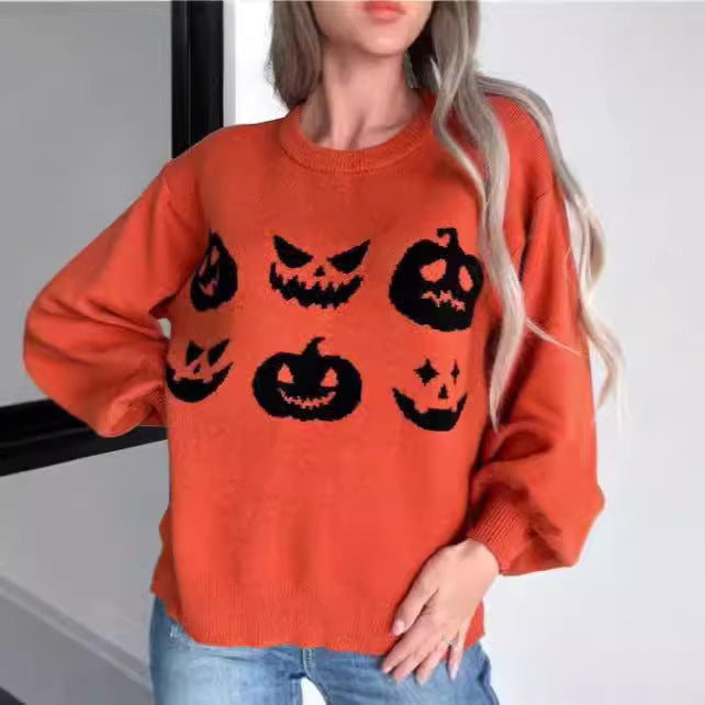 Orange Halloween Pumpkin Face Sweater