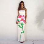 Women’s Printed Contrast Color Backless Long Tube Top Length Dress