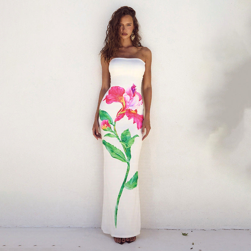 Women’s Printed Contrast Color Backless Long Tube Top Length Dress