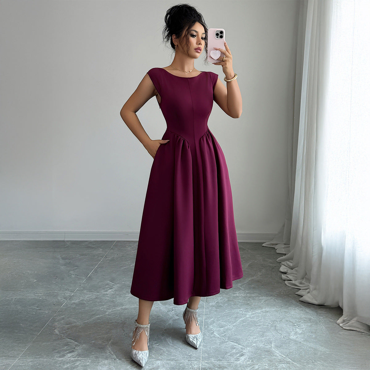 SS Waist Skirt Dress Wine red