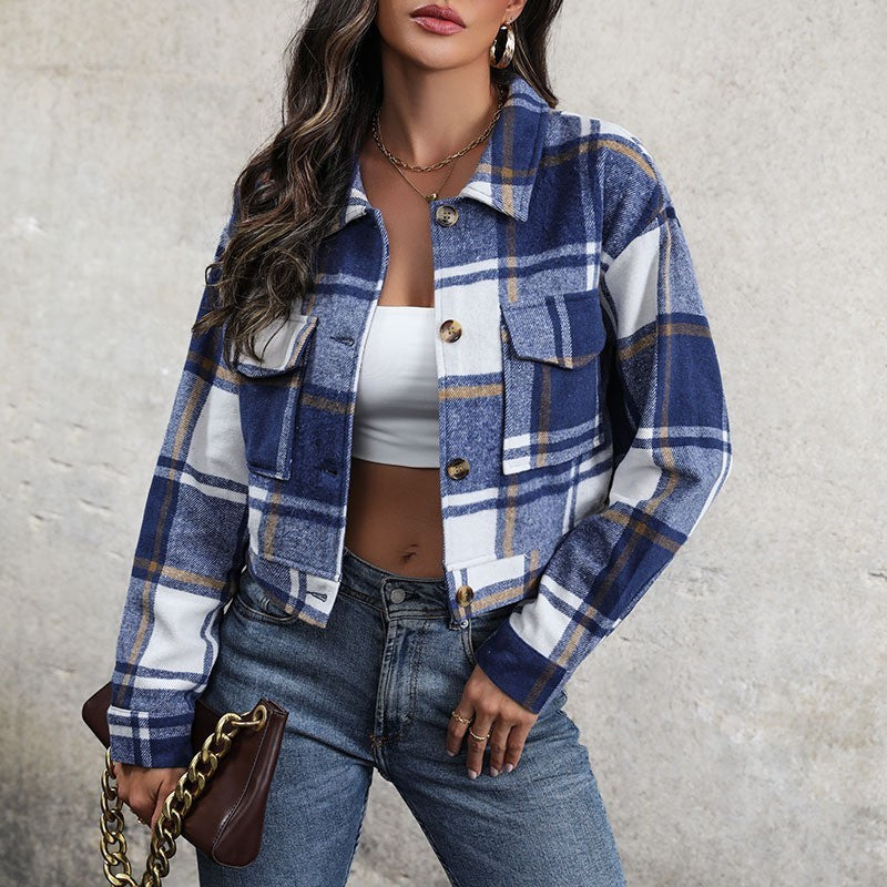 Plaid Lapel Cropped Jacket lake blue