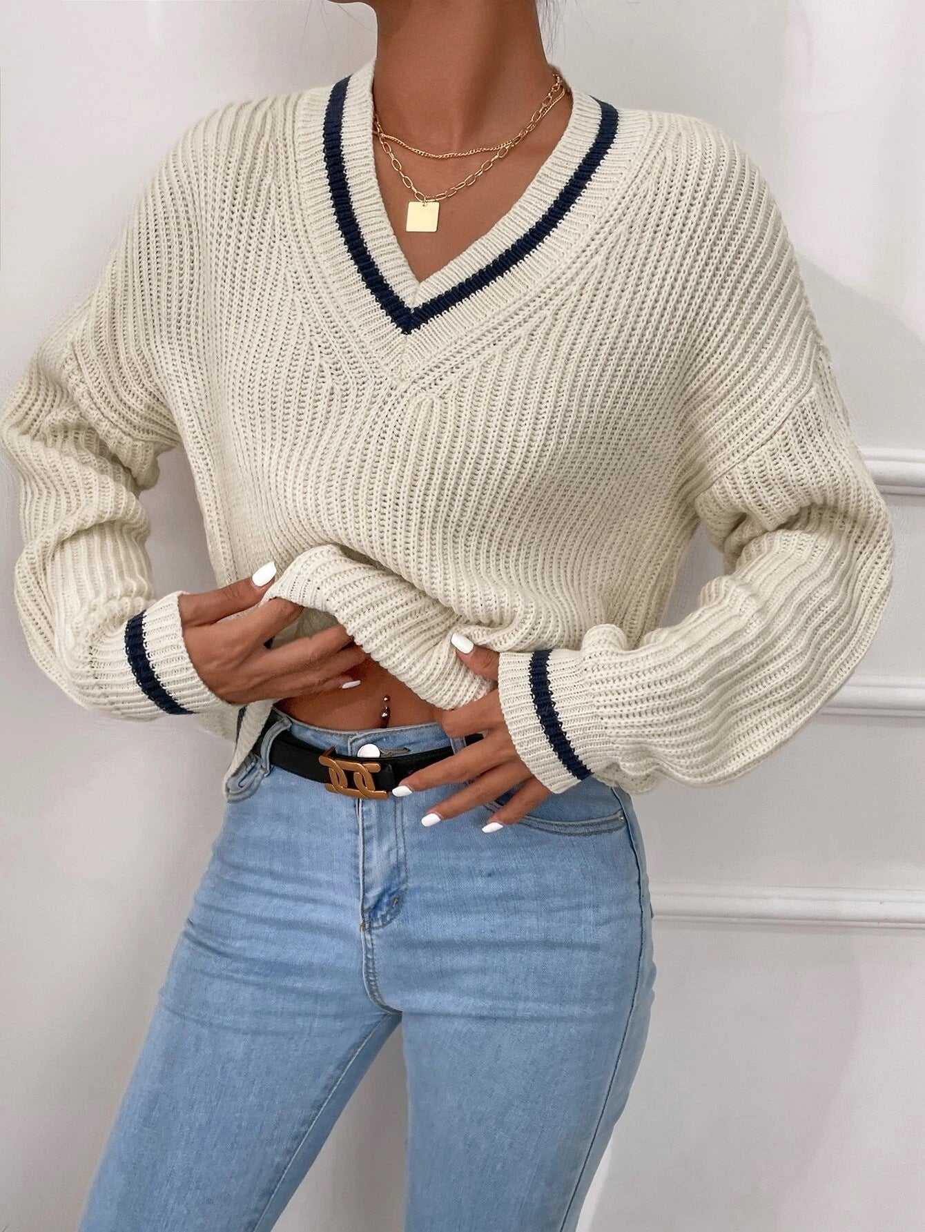 Winter Women's Striped Pullover Sweater Apricot