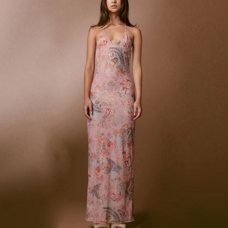 Floral Print Halter Spaghetti Straps Dress pink gold