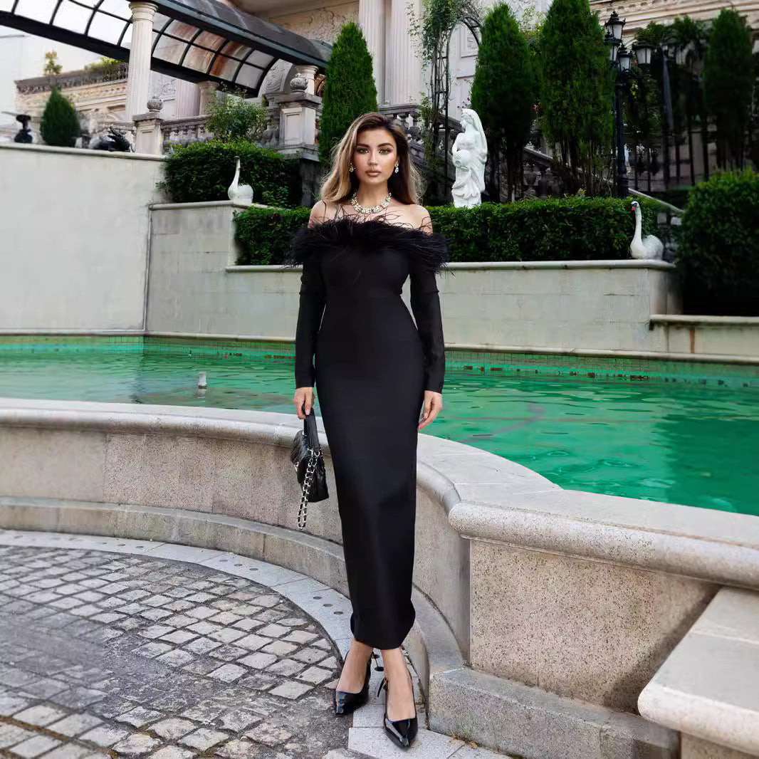 Women's Fur Collar One-piece Dress Black
