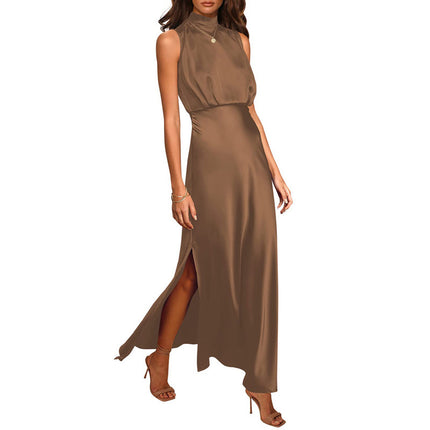 Women's Satin Stand Collar Sleeveless Maxi Dress | 7 Colours