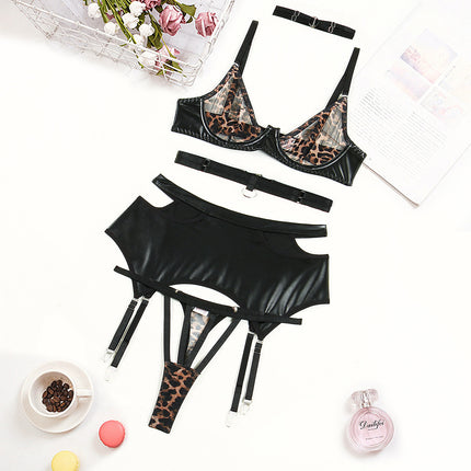 Women's Leopard Print Mesh Splicing Leather Underwear Suit