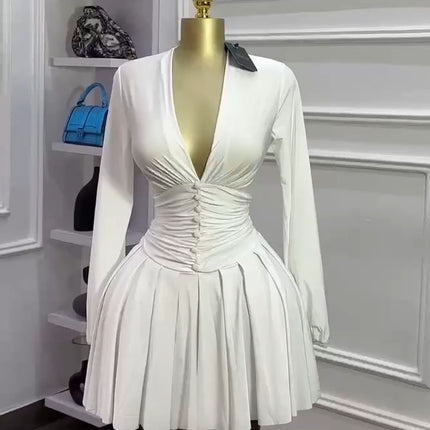 Women's French-Style Puff Sleeve V-Neck Mini Dress | 6 Colours