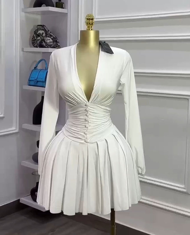 Women's French-Style Puff Sleeve V-Neck Mini Dress | 6 Colours