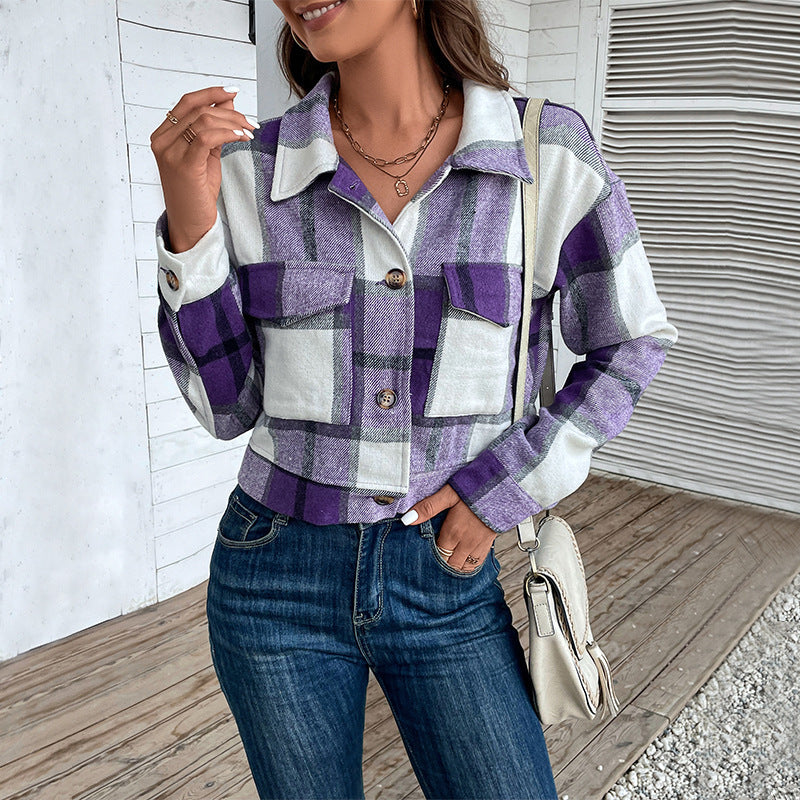 Plaid Lapel Cropped Jacket Purple
