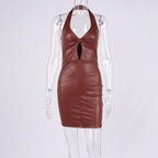 Hollow Out Backpack Hip Halter PU Leather Dress