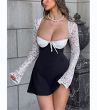 Women's Lace Long Sleeve Square Neck Mini Dress | High Waist Sexy Black And White