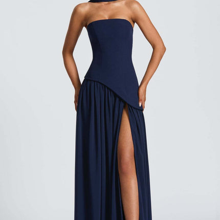 Sexy Backless Tube Top Split Dress dark blue