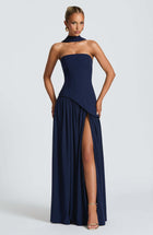 Sexy Backless Tube Top Split Dress dark blue