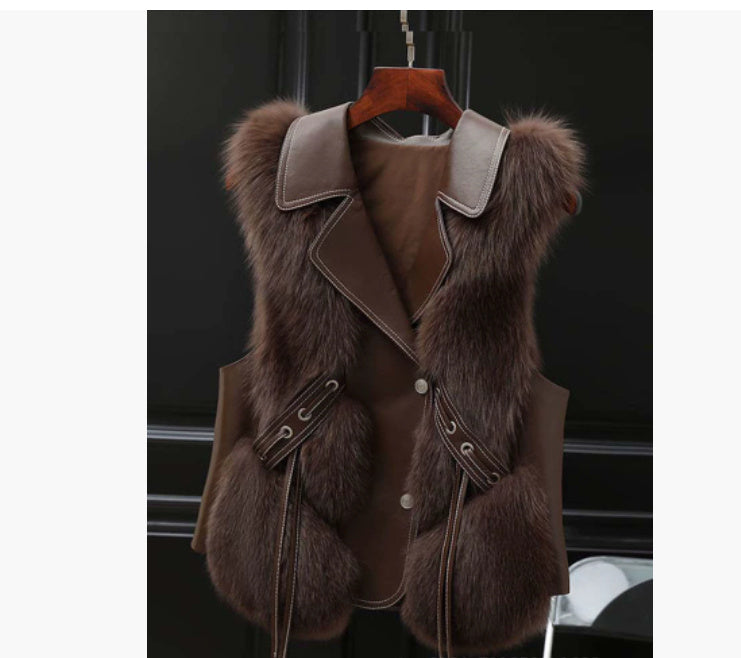 Women’s Patchwork Winter Fox Fur Jacket Women Coffee