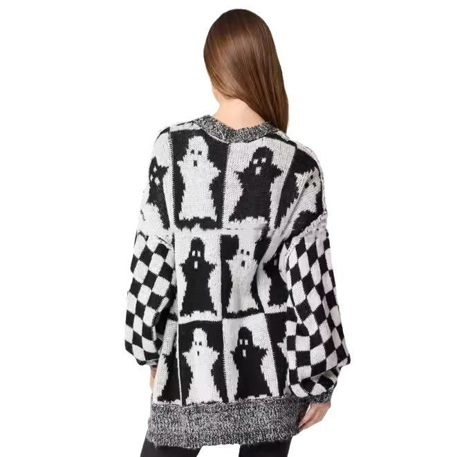 Women's Halloween Ghost Plaid Crew Neck Sweater