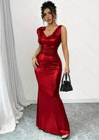 Women's Gold Deep V-neck Backless Slim Fit Long Dress Red