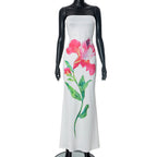 Women’s Printed Contrast Color Backless Long Tube Top Length Dress White
