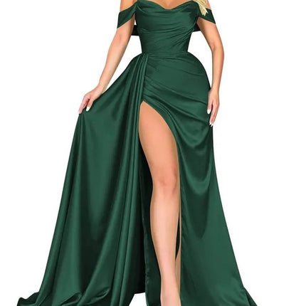 Banquet High Slit Sexy Host Off-shoulder Party Evening Dress Dark Green