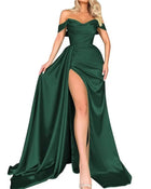 Banquet High Slit Sexy Host Off-shoulder Party Evening Dress Dark Green
