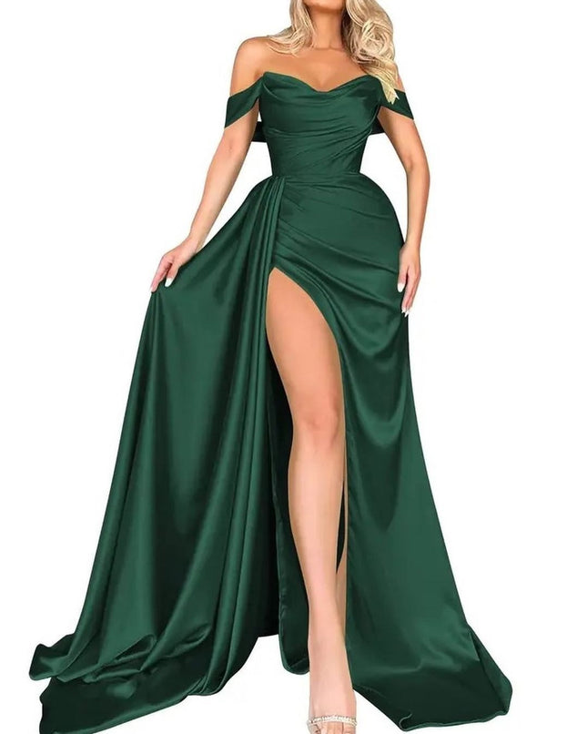 Banquet High Slit Sexy Host Off-shoulder Party Evening Dress Dark Green