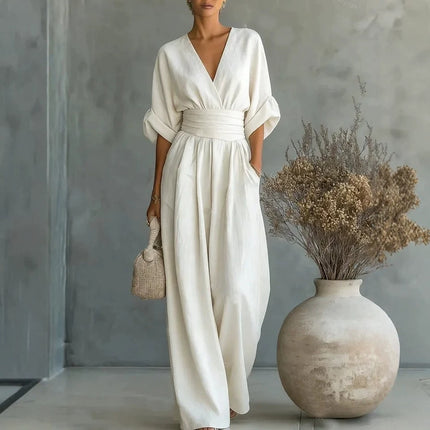 Women's High Waist Wide-Leg Jumpsuit | Three-Quarter Sleeve, Pleated
