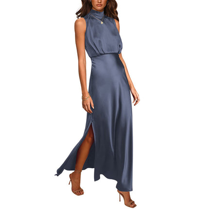 Women's Satin Stand Collar Sleeveless Maxi Dress | 7 Colours