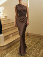 SS One Shoulder Satin Dress Brown