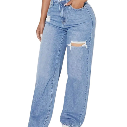 Ladies Washed Hole Denim Trousers Light blue