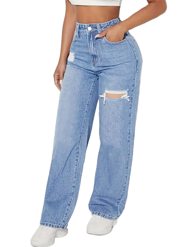 Ladies Washed Hole Denim Trousers Light blue