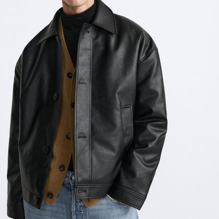 Men's Faux Leather Square Jacket Black