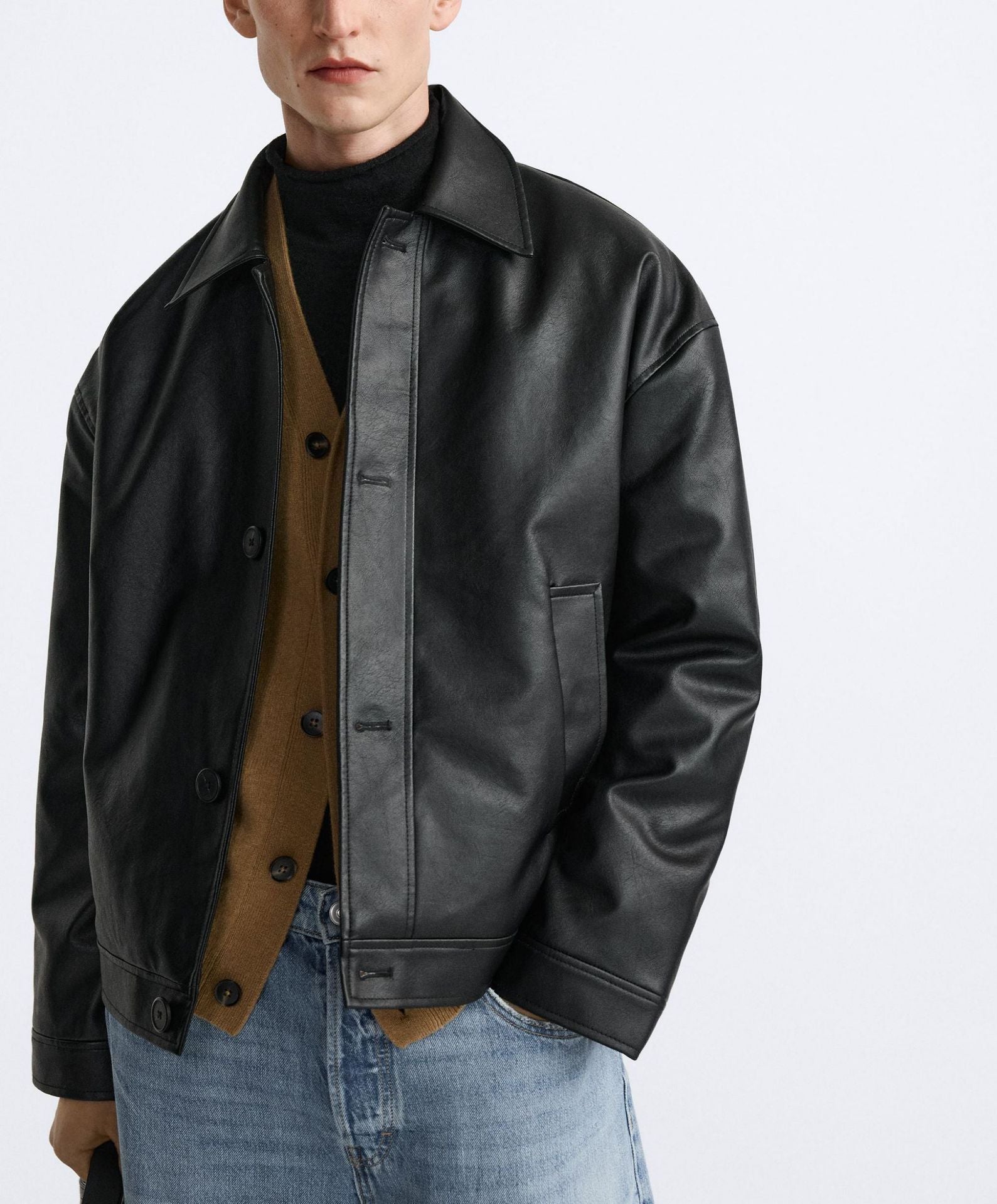 Men's Faux Leather Square Jacket Black