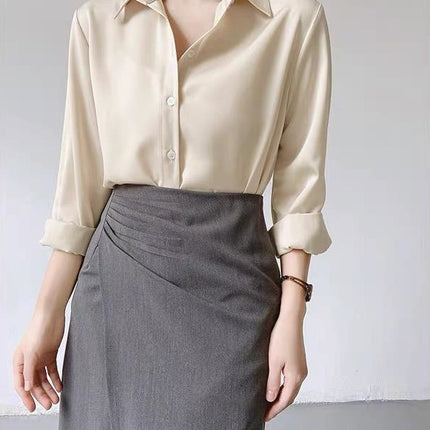 Women's Green Satin Shirt Champagne Apricot