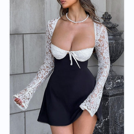Women's Lace Long Sleeve Square Neck Mini Dress | High Waist Sexy