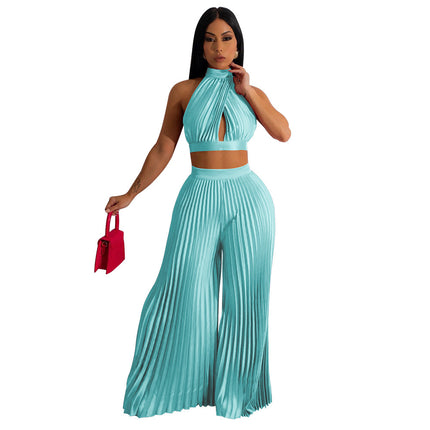 Women's Halter Silk-like Pleated Wide-leg Pants Two-piece Set Light blue