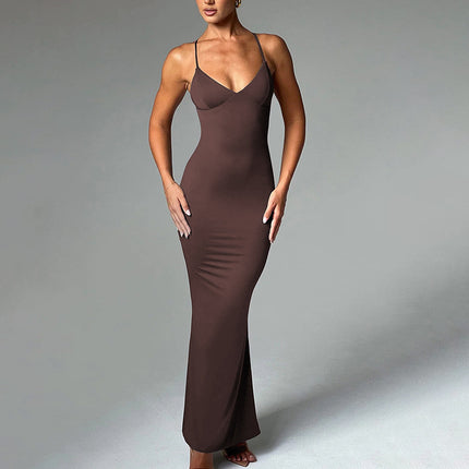 Women's Backless Cross Shoulder Strap Pleated Dress Brown