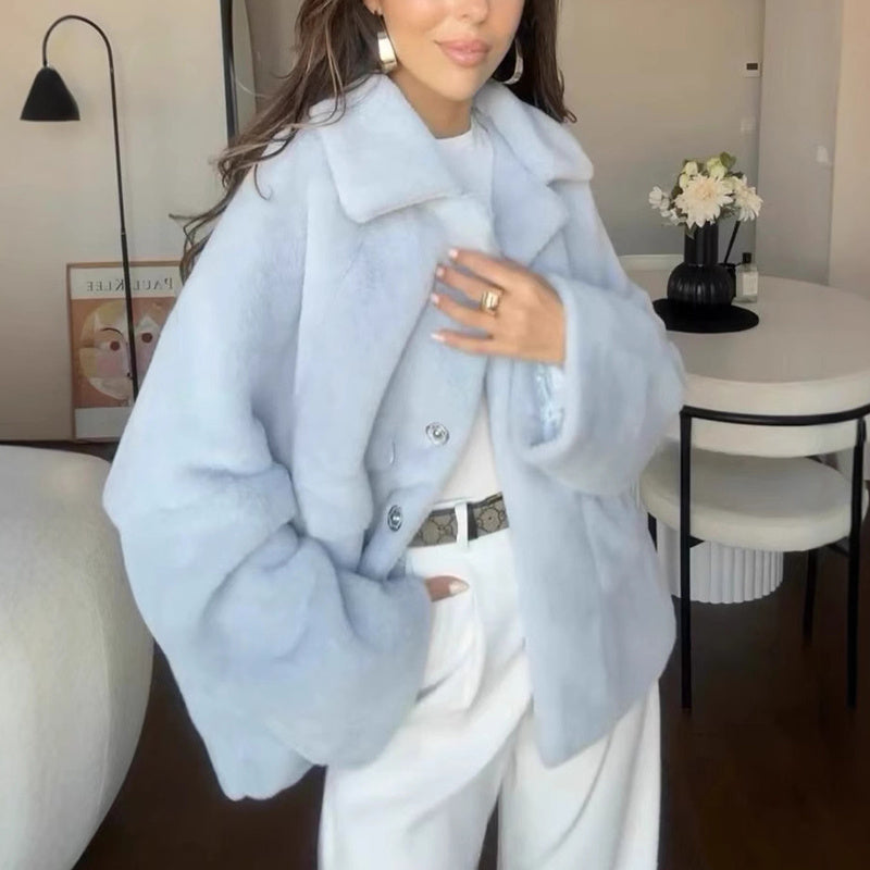 Women’s Single Breasted Furry Winter Coat lake blue