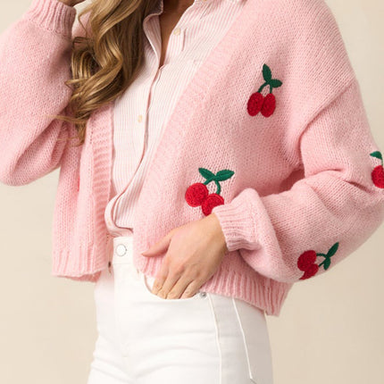 Cherry Embroidery Women's Cardigan Pink