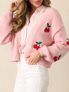 Cherry Embroidery Women's Cardigan Pink